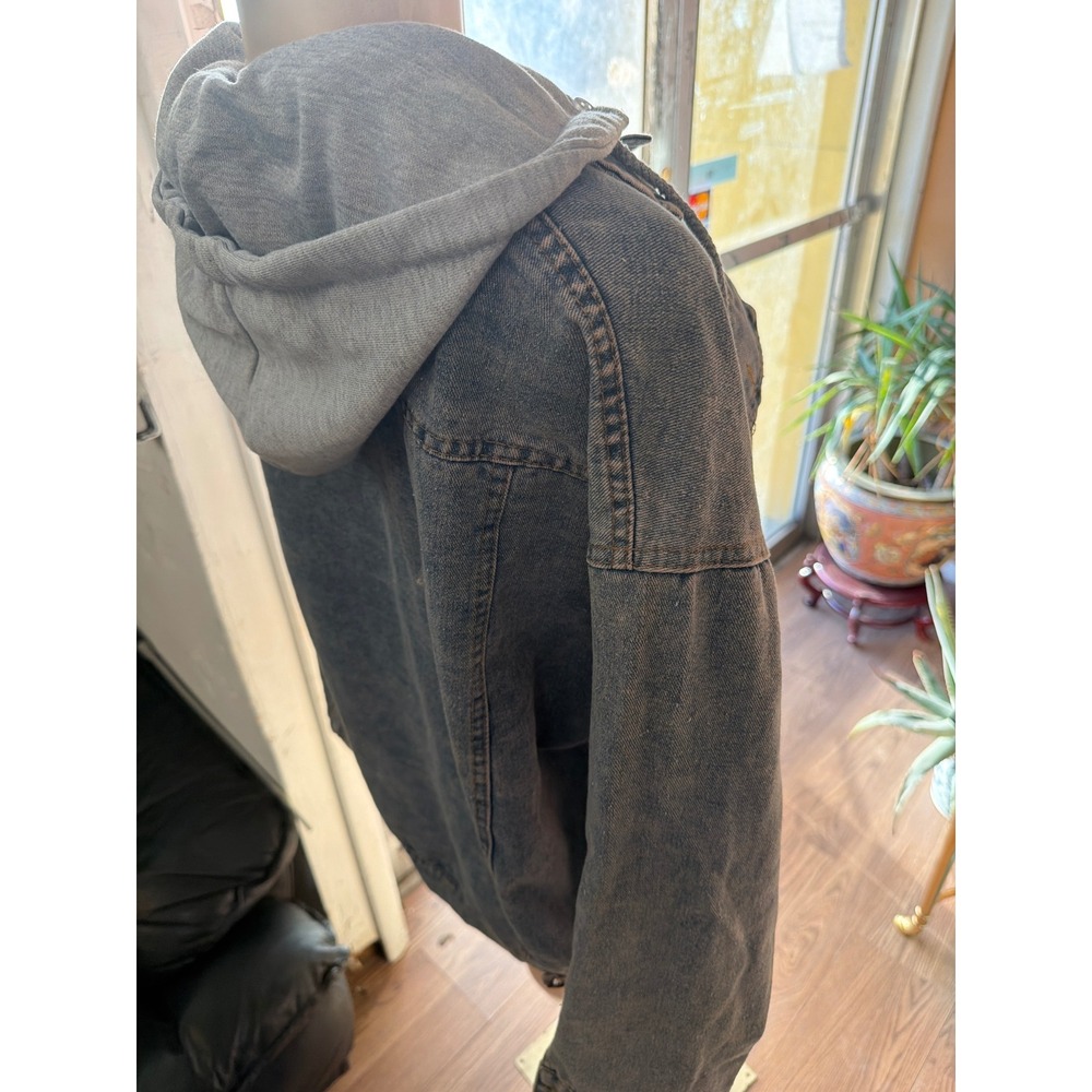 Amy Denim Jacket with Grey Hood Medium Wash Button Up Layered Look Streetwear - Picture 6 of 8